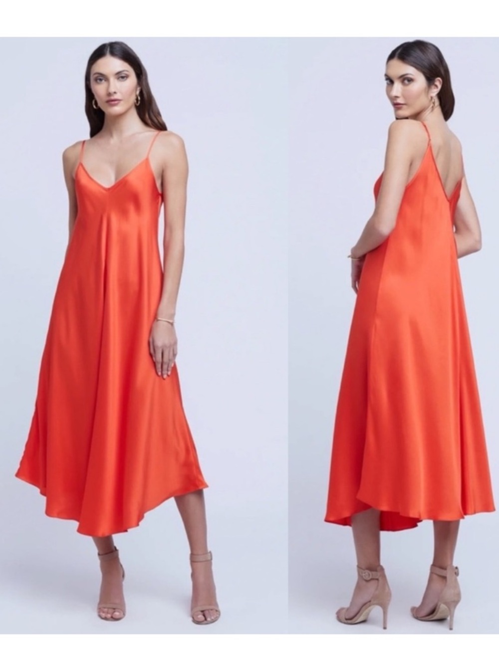 L’agence Lorraine Trapeze Orange Satin Slip Midi Dress in Cherry Tomato size SP